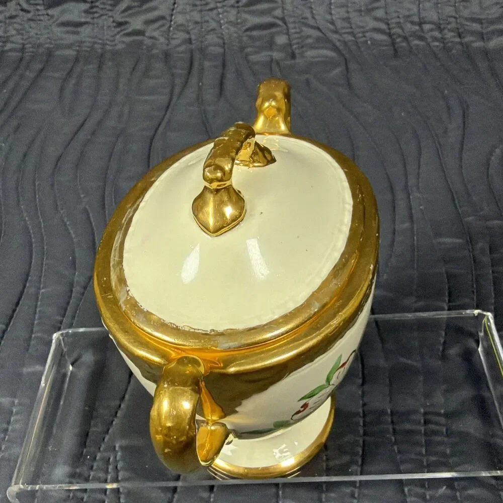 Vintage Porcelain Covered Sugar Bowl Dogwood Flowers Gold Trim Handles Lid